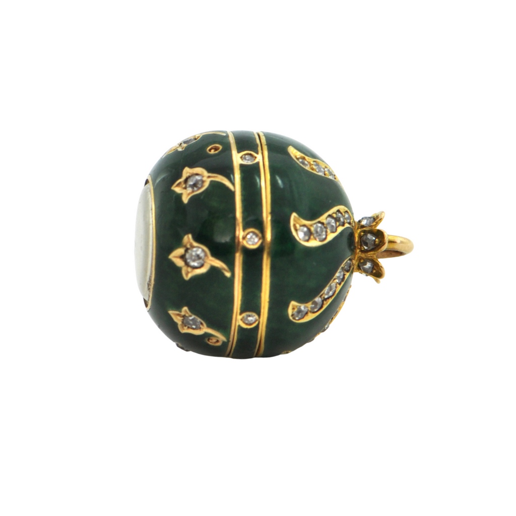 Antique French Green Enamel 18K Yellow Gold Ball Watch on Necklace C.1860-1880 + Montreal Estate Jewelers